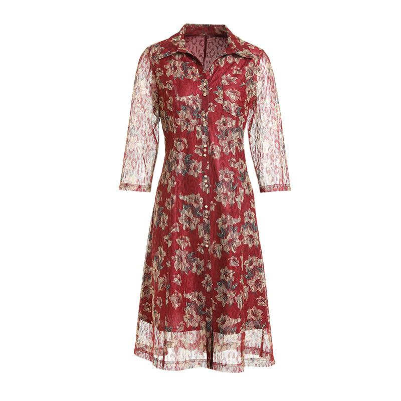 

Casual Dresses Gowani Flower Printed V-neck A-line Mesh Dress, Red