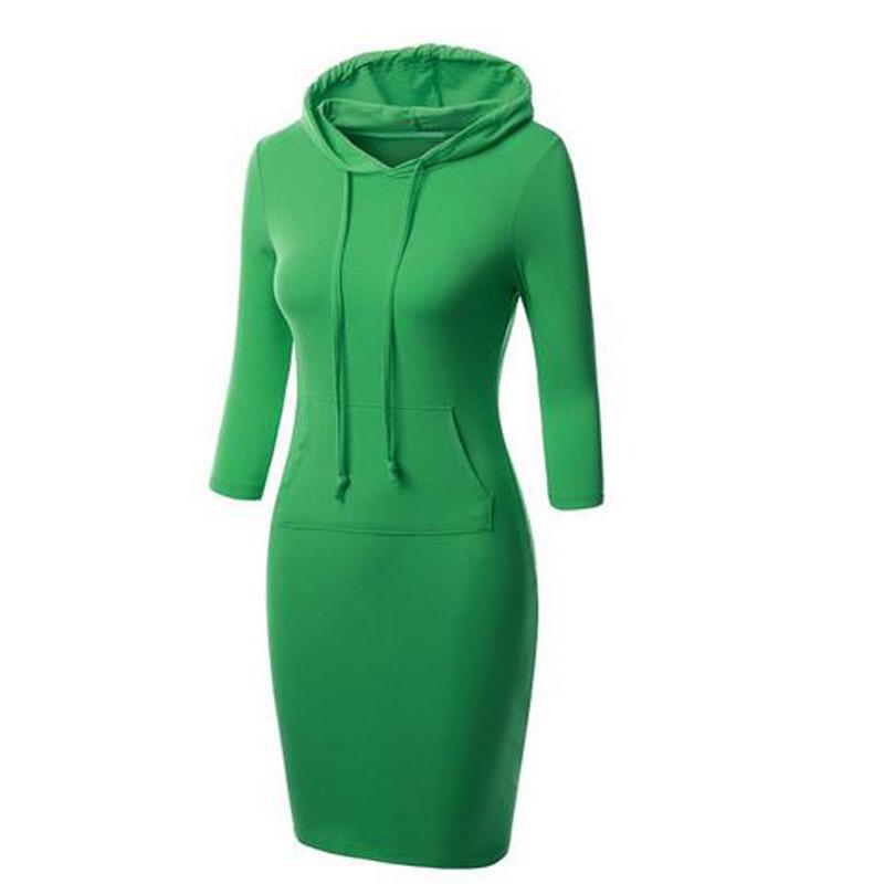 

Casual Dresses Women Long Sleeve Hooded Dress Solid Color Pockets Skinny Sweatshirts Autumn Thermal Hoodies, As the picture