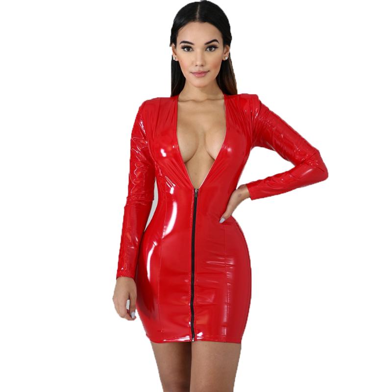 

Casual Dresses Wet Look Shiny Dress Women PU Leather Long Sleeve Sexy Deep V-neck Package Hip Zipper Sheath Clubwear Mini Vestidos, Black