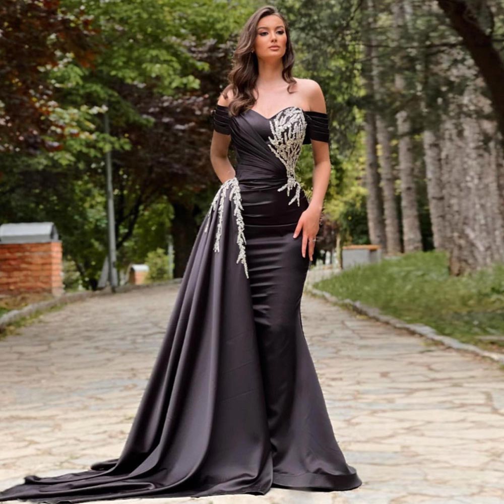 

Black Appliqued Mermaid Evening Dresses Pleated Prom Gowns With Detachable Train Off The Shoulder Neckline Satin Plus Size Formal Dress, Water melon