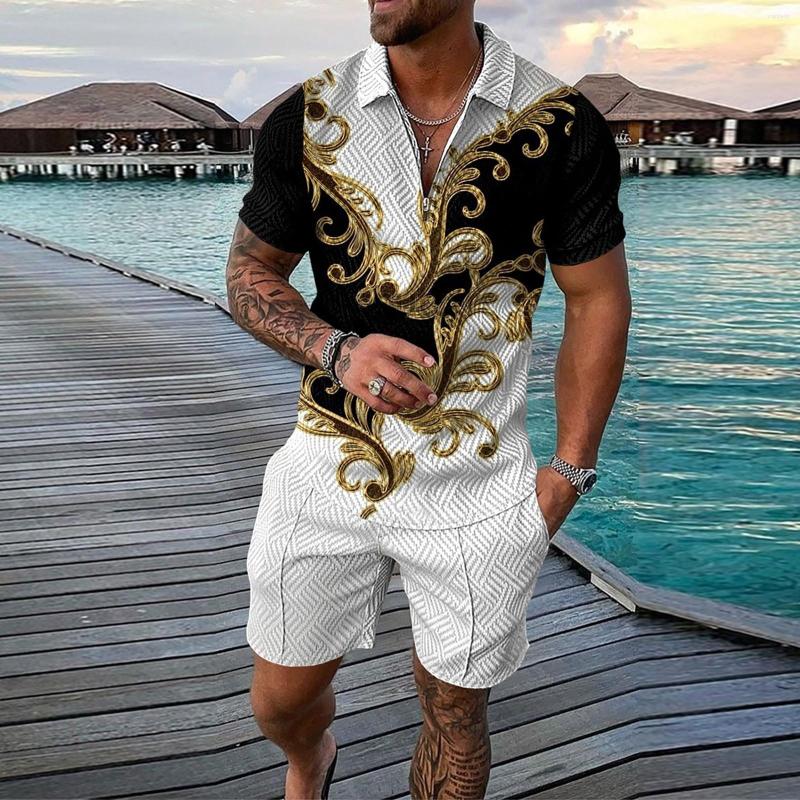 

Men' Tracksuits Summer Men' Tracksuit Short Sleeve Printing Zipper Shirt And Shorts Casual Holiday Sportswear Fitness Sport 2 Piece, Black