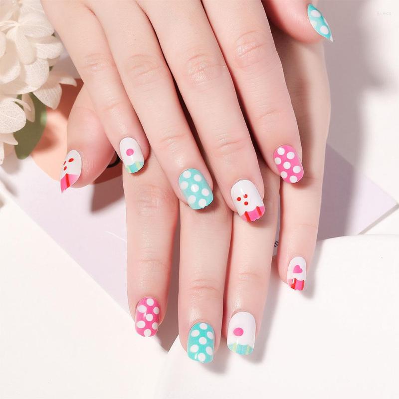 

False Nails LULAA 24PCs White Polka Dot Fake Nail Press On Art Children's Eco-friendly Acrylic Tips Fashion Fingernail, 16