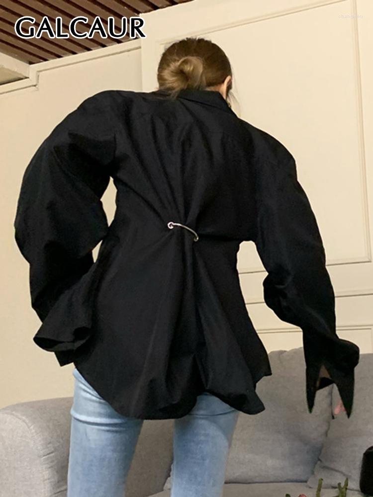 

Women' Blouses GALCAUR Minimalist Solid Female Lapel Long Sleeve Single Breasted Gathered Waist Chic Shirt For Women 2023 Spring Style, Black