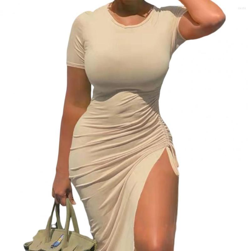 

Casual Dresses Sexy Skinny Dress Fashion Lady Sheath Bodycon O Neck Pleated Drawstring Clubwear Vintage Ruched Party Vestido, Beige