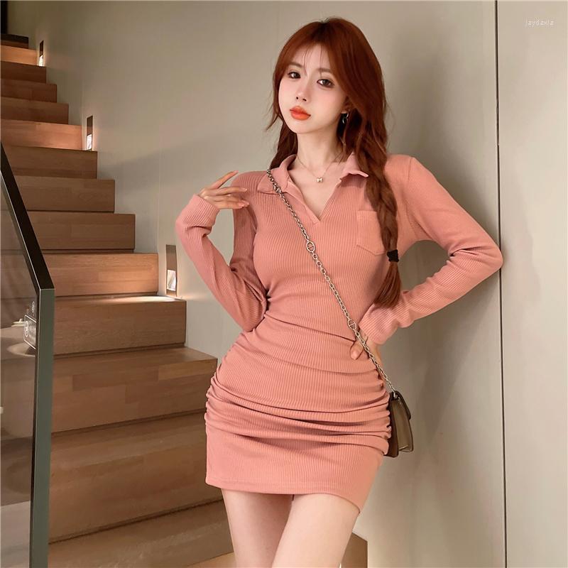 

Casual Dresses 2023 Autumn Small Fresh Dress Slim Knitted Long Sleeve Sexy Hip Fold, Black