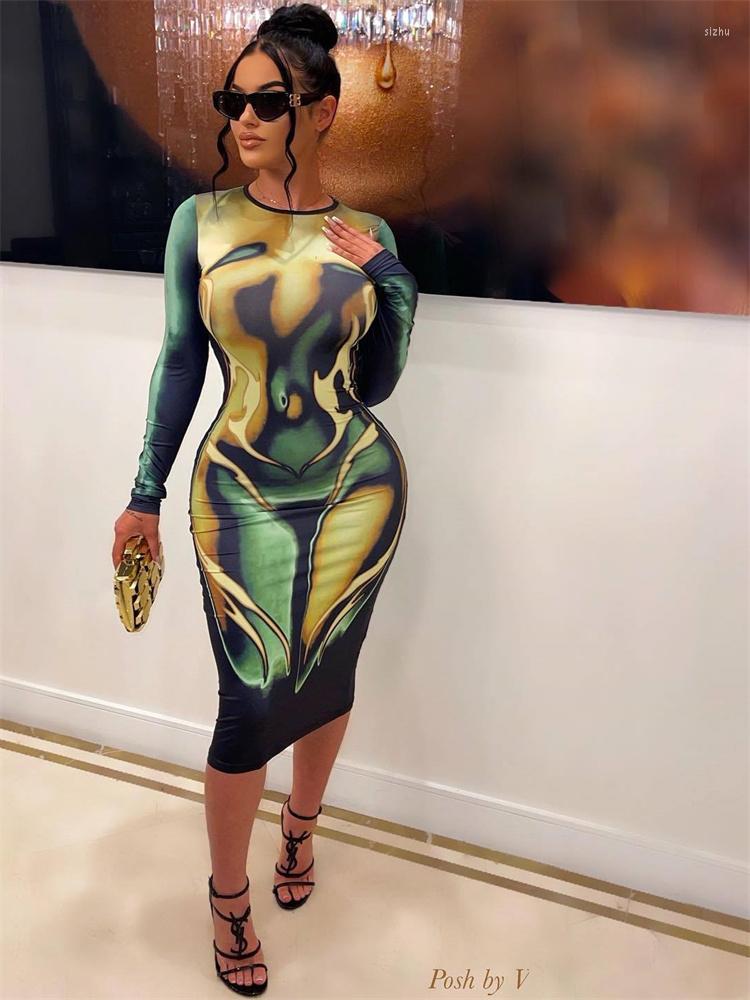 

Casual Dresses Aualay Fall Bodycon Mult For Women 2023 O Neck Long Sleeve Dress Club Outfit Panelled Fashion 3d Print Midi Female, Multi