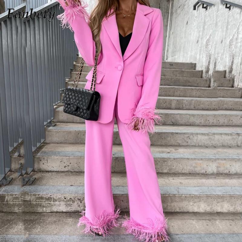 

Women's Two Piece Pants Women Fashion Feather Patchwork Blazer Set Autumn Casual Lapel Button Coat Long Pant Suit Lady Elegant Sleeve 2Pc Outfit 230202, 04 black
