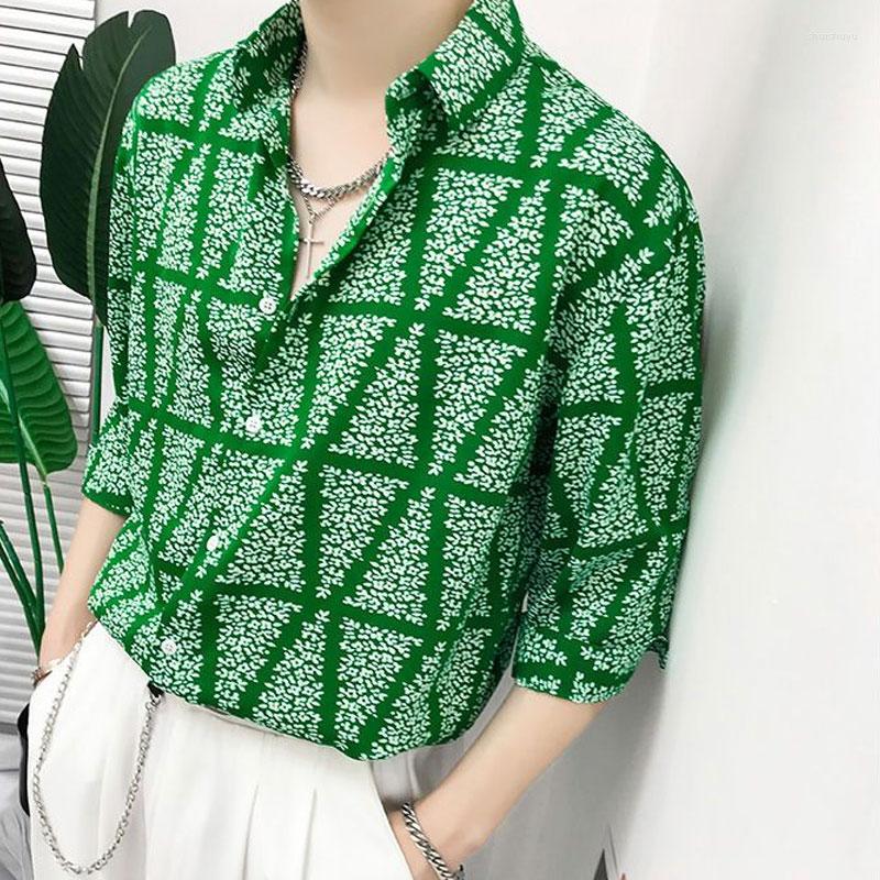 

Men' Casual Shirts Korean Loose Argyle Printed Men' Clothing 3/4 Sleeve Spring Summer Stylish Single-breasted Polo-Neck 2023, Black