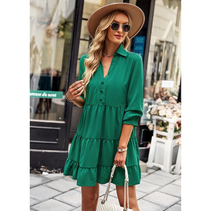 

Casual Dresses Long-Sleeved Loose Dress 2023 Autumn V-Neck Solid Vacation A-Line Ladies Button Ruffle Stitching Pullover DressesCasual, Green