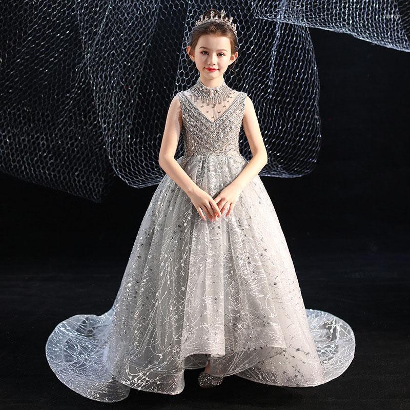 

Girl Dresses Summer Children'S Evening Dress Model Walk Show Princess Style Gray Trailing Host Piano Violin Birthday Party Performan, Dark grey