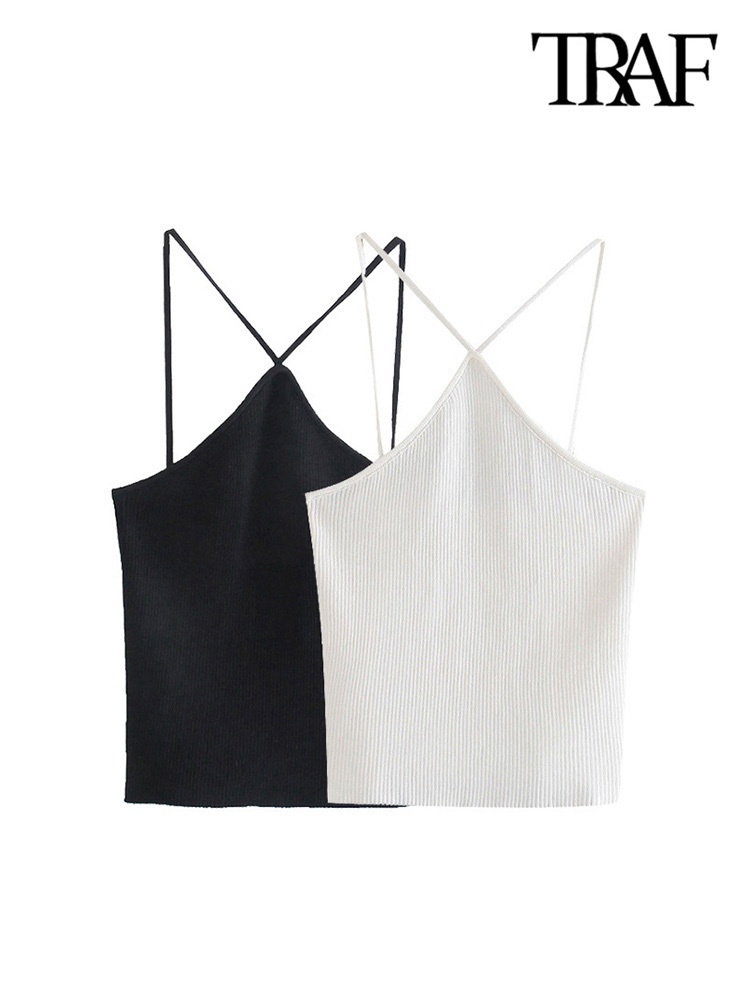 

Women' Tanks Camis TRAF Women Fashion Hollow Out Cropped Knit Tank Tops Vintage Backless Thin Straps Female Mujer 230203, Black