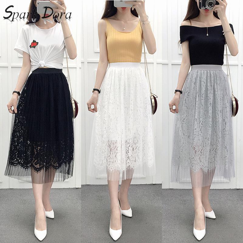 

Skirts SparkDora High Waist Gauze Puff Skirt Medium Length 2023 Spring Summer Style Simple Versatile Fairy Lace, Black