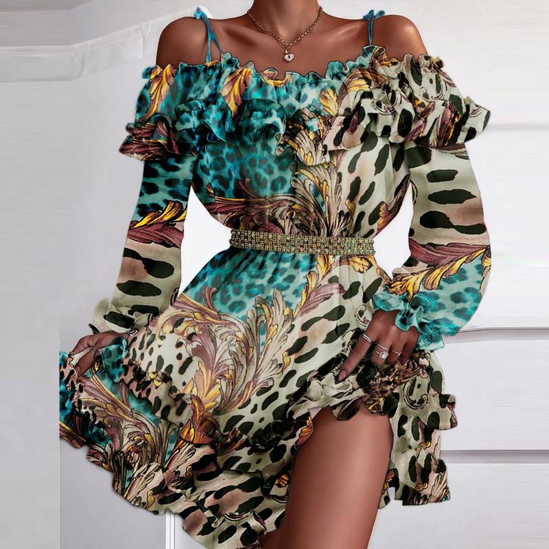 

Casual Dresses 2023 Fall Leopard Printing Off-shoulder Dress Ladies Ruffled Party Elegant Sexy Office Mini, White
