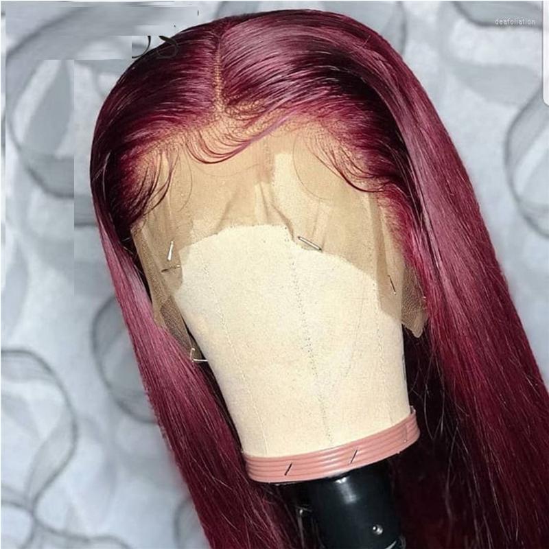 

Remy 13x6 Lace Front Human Wig For Women With Baby Hair Dark 99J RedColor Silky Straight Natural Hairline 4 Silk Base, U part wig