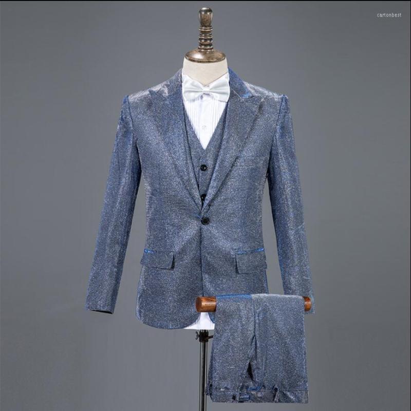 

Men' Suits Sequined Glitter Men' Chorus Dress Stage Performance Costume Host Singer Groom Wedding Formal Three-piece Suit, Gray