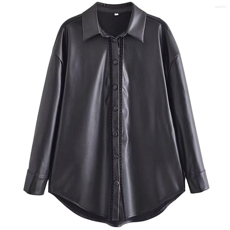 

Women's Blouses Maxdutti England Fashion Blouse Lace Splicing Black Leather Shirt Casual Women