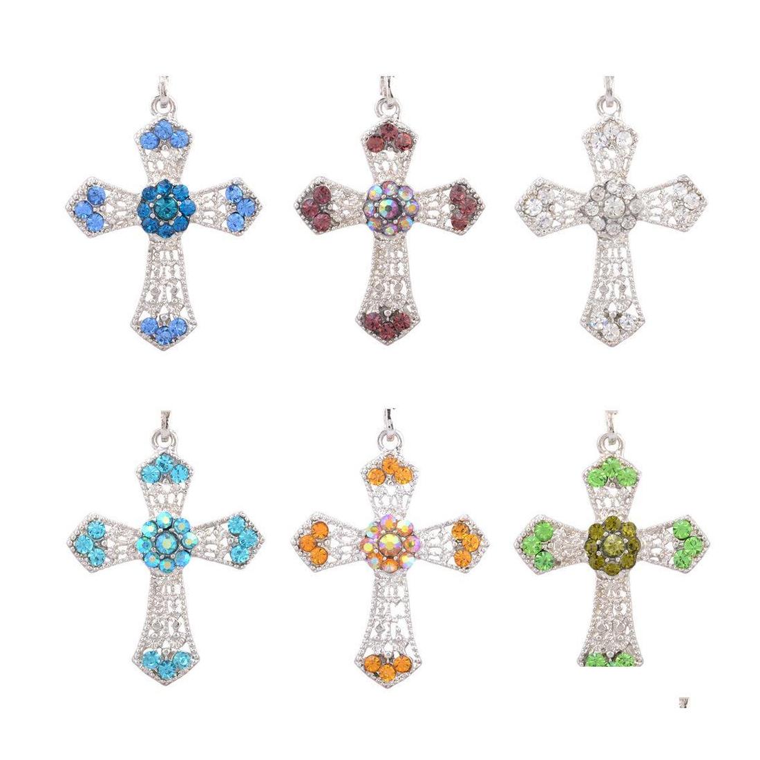 

Pendant Necklaces Pretty Cross Beautifly Necklace For Women Sweater Chain Sier Color Rhinestone Crystal Drop Delivery Jewelry Pendant Dht19