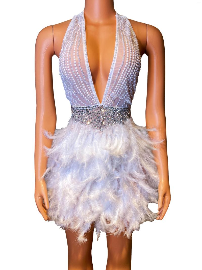 

Stage Wear Sparkly Crystals Stones Feather Sexy Transparent Dress Evening Birthday Prom Party Backless Outfit Women Show Costume Baiqi, Black