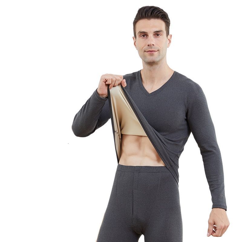 

Men's Thermal Underwear Autumn Winter Fleece Suit Thicken High Stretch Warm Base Layers Tight Long Johns Tops Pants Set 230202, V neck black