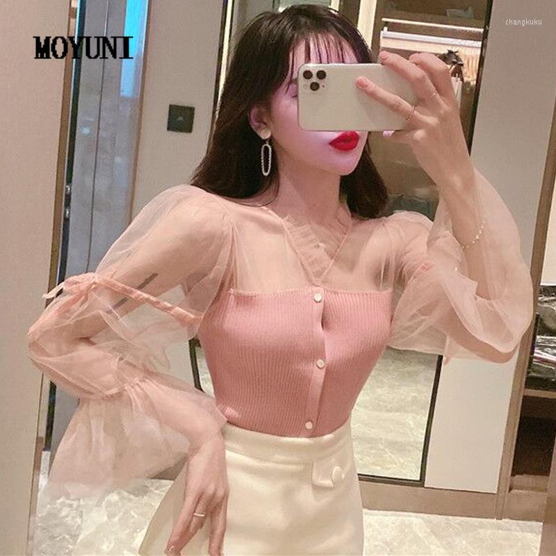 

Women's Blouses Sweet Sexy Retro Korean Slim V Pink Flare Sleeve Shirts Women Camisas Black Mesh Knitted Top Blusas Mujer Fashion Blouse