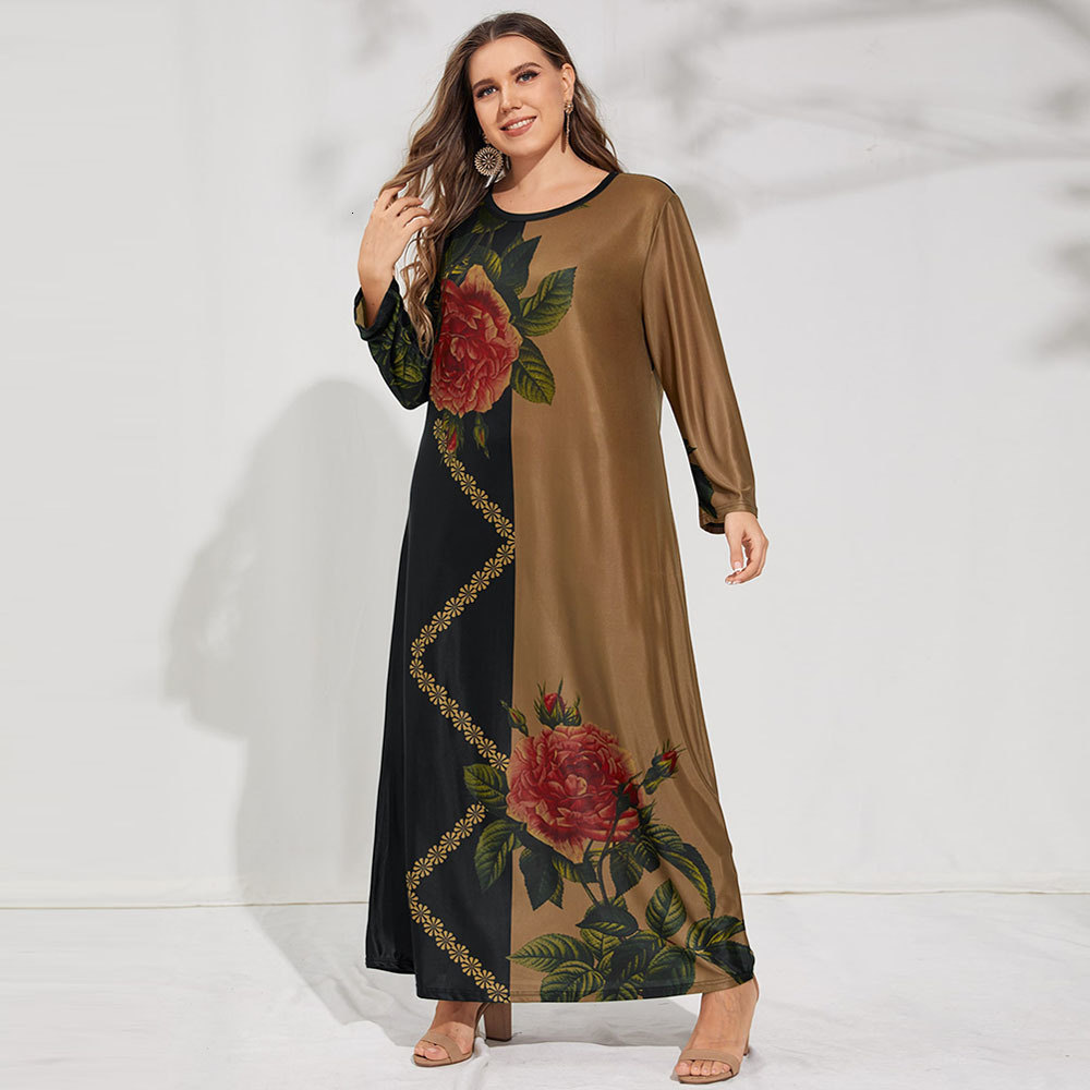 

Plus size Dresses 5XL Plus Size Winter Dress Women Long Sleeve Contrast Floral Print Casual Dress Loose Oversize Maxi Long Muslim Islamic Clothing 230203, Khaki