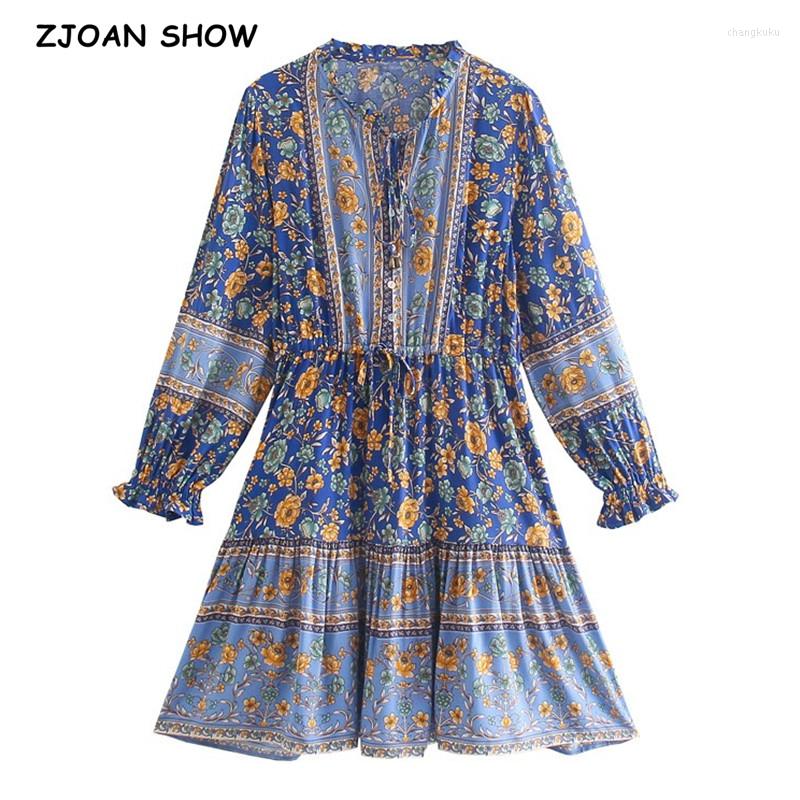 

Casual Dresses 2023 Bohemia Lacing Up Wood Ears Collar Floral Print Long Sleeve Mini Dress Hippie Woman Holiday Robe Blue