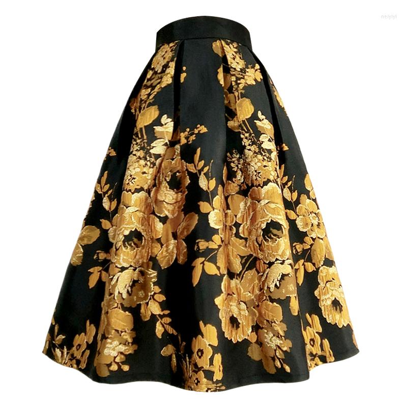 

Skirts 2023 Spring Fall Vintage Women High Waisted Golden Floral Ball Gown Skirt Autumn Female Woman Fashion, Goldn