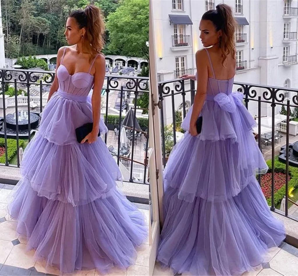 

Lavender Princess Prom Dresses Layers Ruffles With Bow Back Evening Gowns A Line Spaghetti Straps Women Bridesmaid Party Occasion Wears BC15021, Royal blue