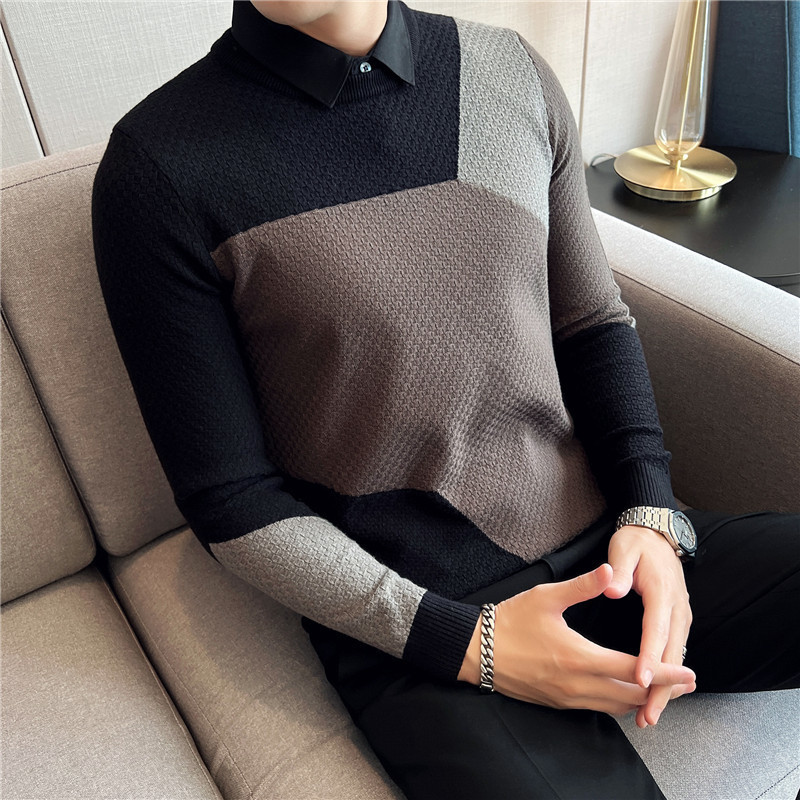 

Men's Sweaters Thick Warm Jacquard Fake Twopiece Sweater Men Long Sleeve Slim Casual Shirt Collar Knitted Pullover Fashion Knitwear Tops 230203, 9857