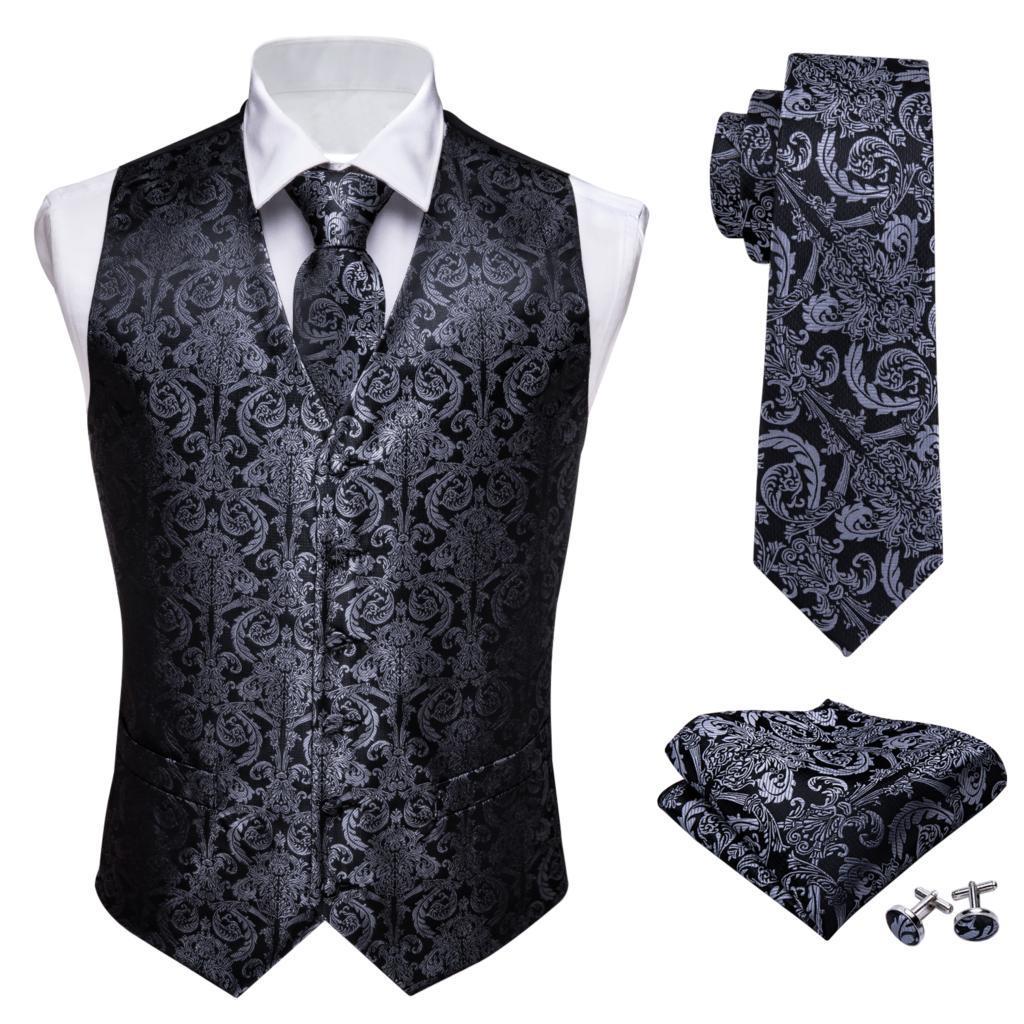 

Mens Vests Designer Classic Black Paisley Jacquard Folral Silk Waistcoat Handkerchief Tie Vest Suit Pocket Square Set BarryWang 230203, Mj-2034