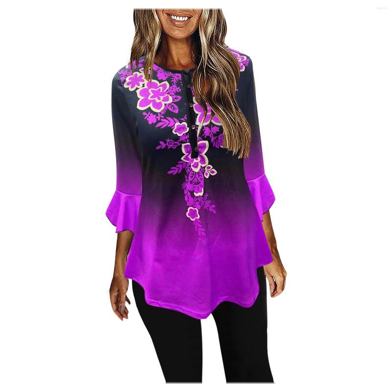 

Women' T Shirts Women Long Sleeve Casual Irregular Tops Floral Leaf Print Lady Shirt Bohemian Loose For O Neck, Blue