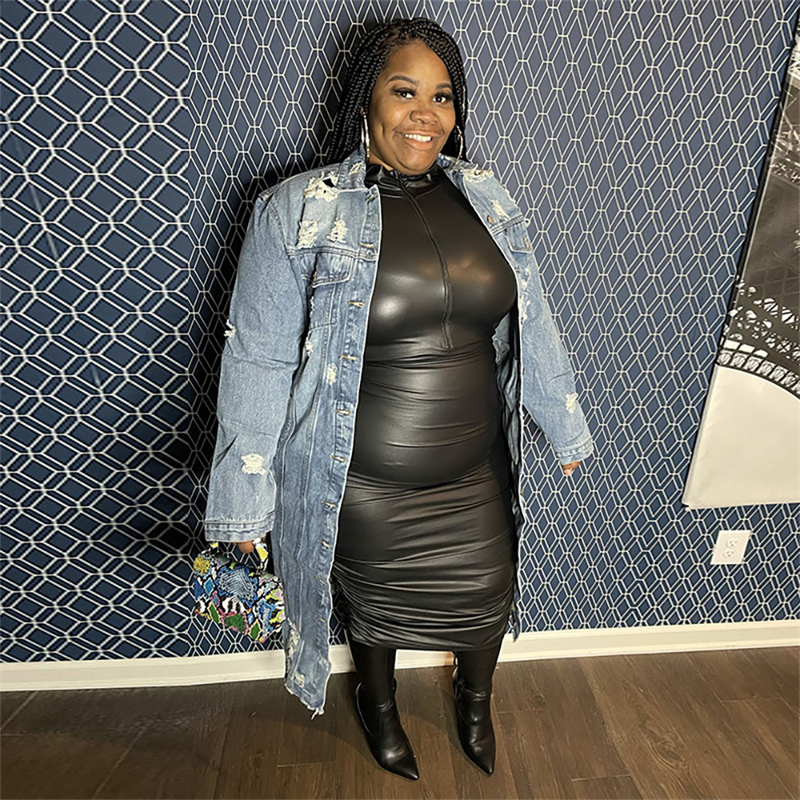 

Plus size Dresses Ladies Dresses Casual Wholesale Long Sleeve Midi Dress Women Sexy Bodycon Night Club Pu Leather Plus Size Dress Drop 230203, Black