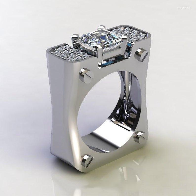 

Cluster Rings Domineering Hollow Geometric Square Full Diamond Couple Ring For Women Zircon Silver Plated Valentine's Day Gift Jewelry