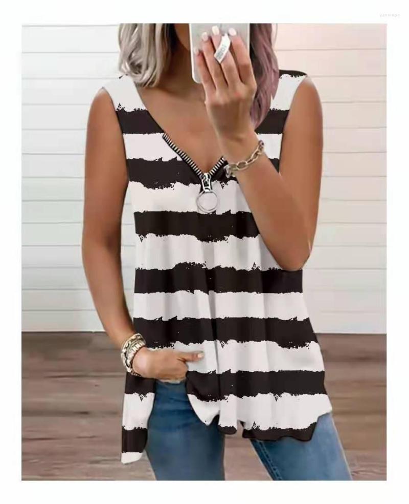 

Women' Tanks Fashion Women Loose Tank Tops Vest Zipper V-neck Stripe Printed Sleeveless Tees Casual Style Pullover Summer, Black