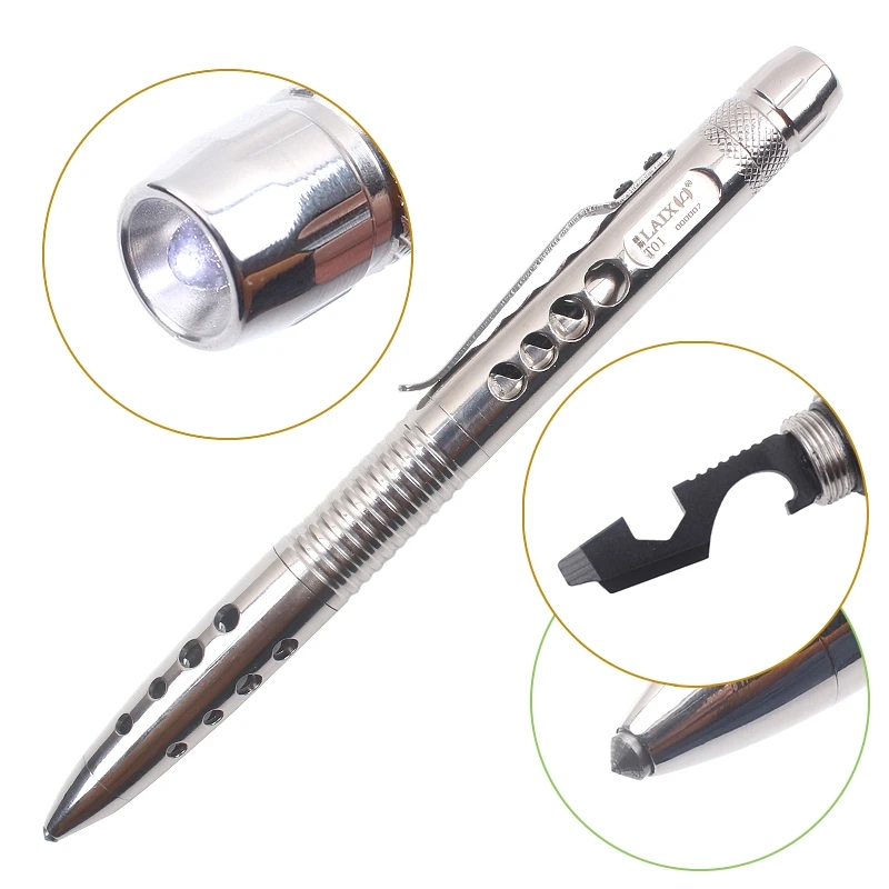 

7-In-1 Stainless Steel Tactical Pen Led Light Multi Tool Screwdriver For Self-Defense Emergency Glass Breaker Outdoor Camp Gift, Balck grey