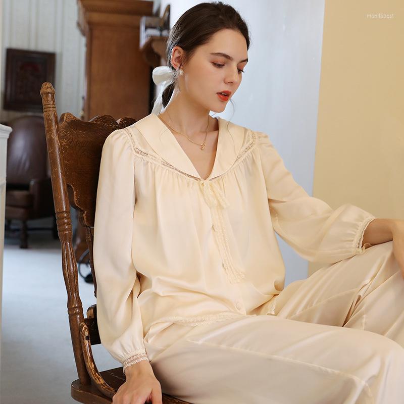 

Women's Sleepwear Lisacmvpnel Women Autumn Ice Silk Long Sleeved Pajamas Two Piece Set Female Sexy Satin Loose And Simple, Blue