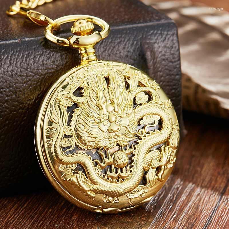 

Pocket Watches Luxury Golden Dragon Phoenix Hollow Exquisite Sculpture Skeleton Mechanical Retro Men Chains Lucky Lover Wedding, Bronze