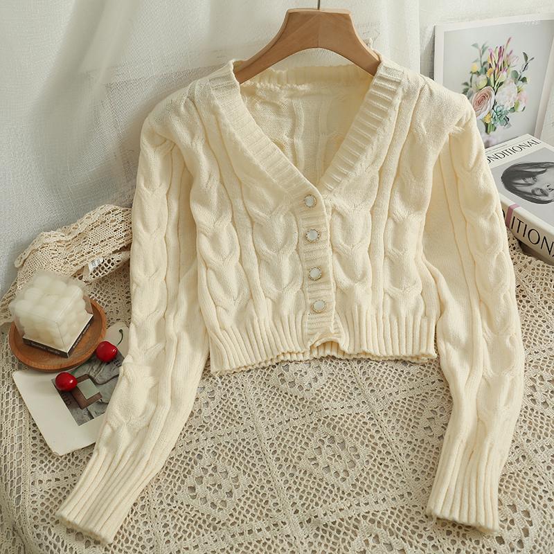 

Women's Knits Hikigawa Chic Fashion Women Early Autumn Gentle Thin Knit V Neck Button Up Cargidan Solid Twist Long Sleeve Sweater Top Mujer, Black