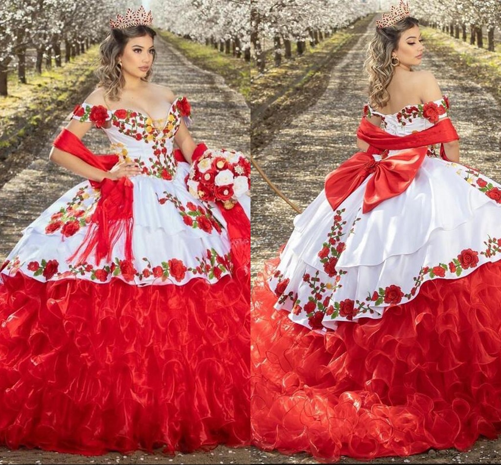 

2023 White And Red Charro Quinceanera Dresses Plus Size Off The Shoulder Ball Gowns Ruffle Puffy Sweet 16 Dress Birdesmaid Party