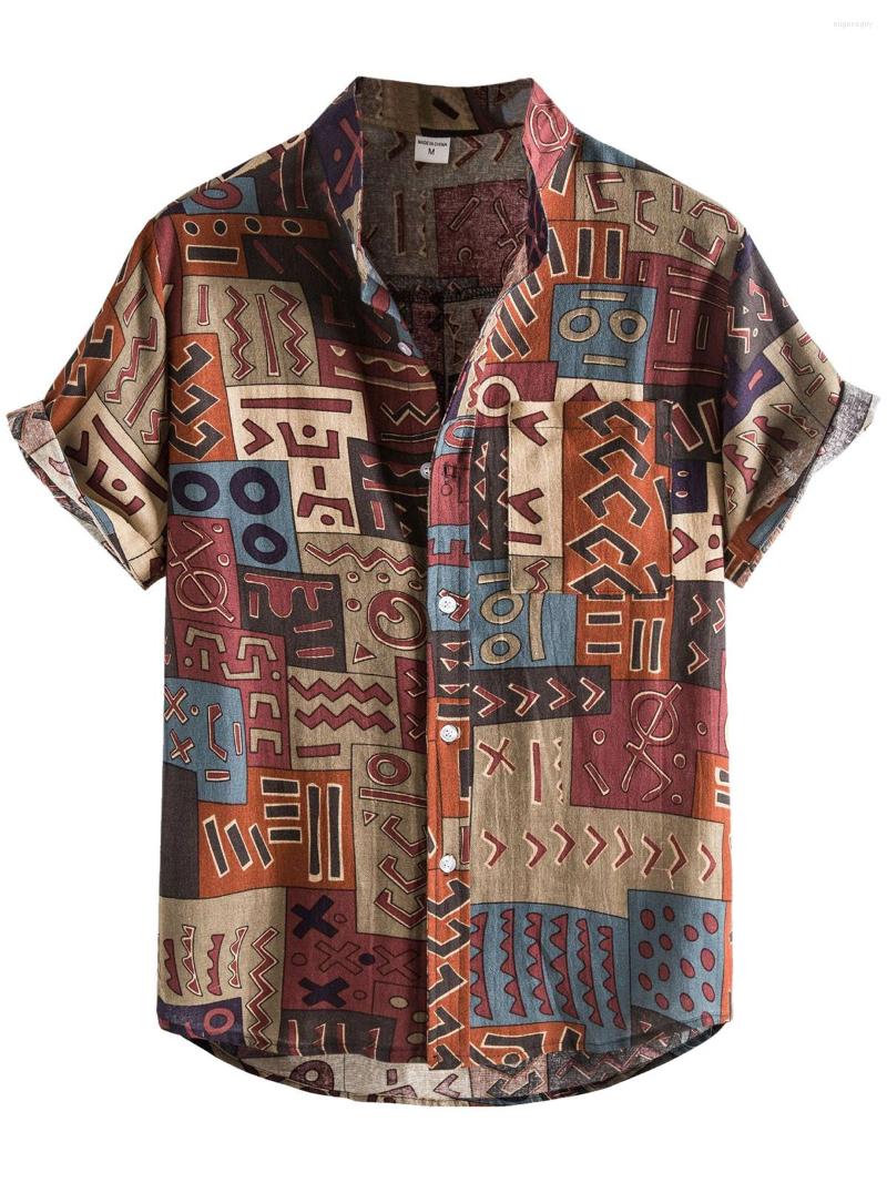

Men's Casual Shirts Designer Colorful Lattice For Men Vintage Summer Shirt Short Sleeve Cotton Linen Ethnic Lapel Plaid Camisas, Blue