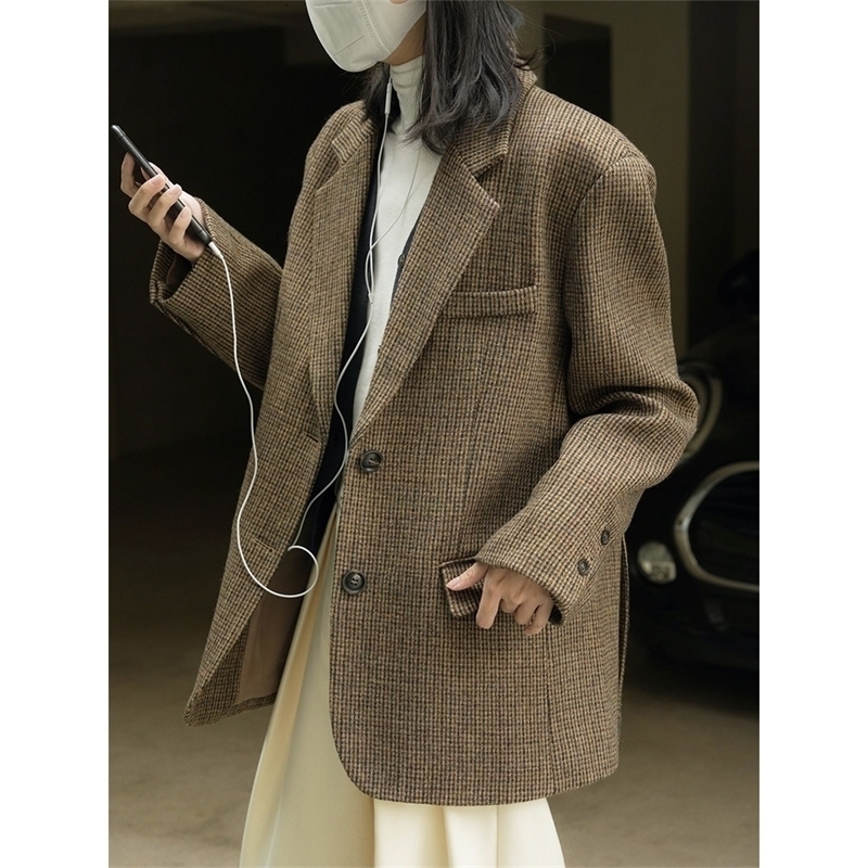

Womens Suits Blazers Autumn and winter womens casual plaid single breasted pocket decorative loose jacket 230202, Auburn