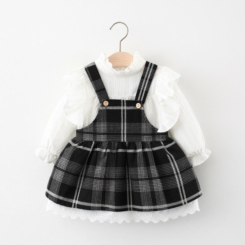 

Clothing Sets 2023spring Baby Tshirt And Plaid Dress, Coffee