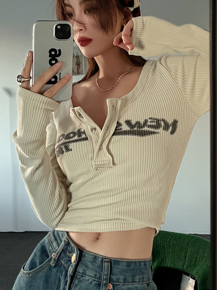 

Women's T-Shirt Retro Graffiti Print Elastic T Shirt Women Sexy Slim Crop Top Ribbed Long Sleeve O-neck Tops Grunge Tee Ladies Y2K streetwear 230203, Black