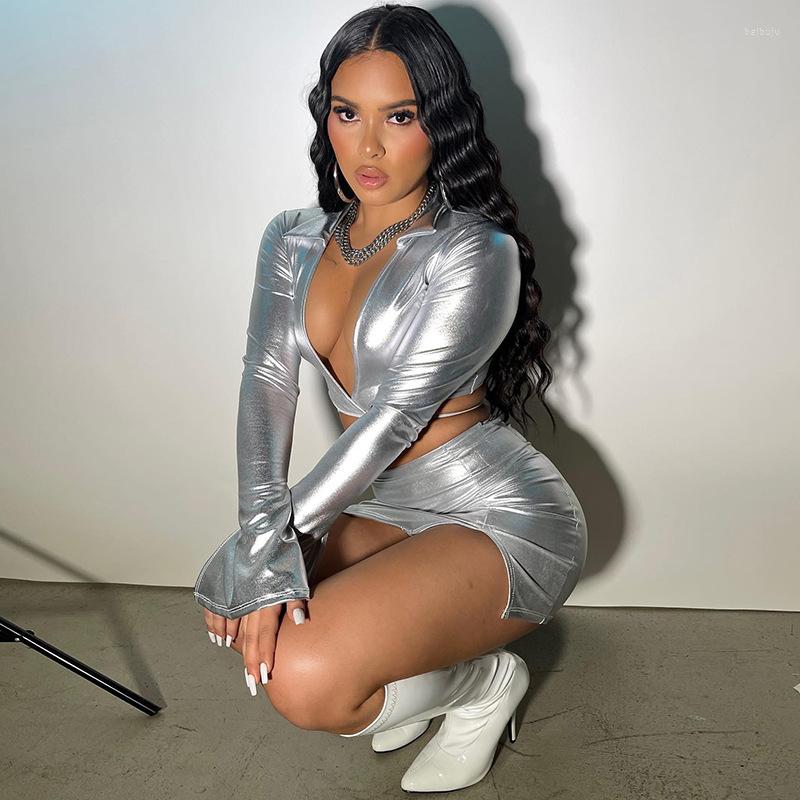 

Work Dresses Silver Gilding Two Piece Set Dress Women Sexy Turn Down Collar Split Long Flare Sleeve Lace Up Crop Top Mini Skirts Club Suits