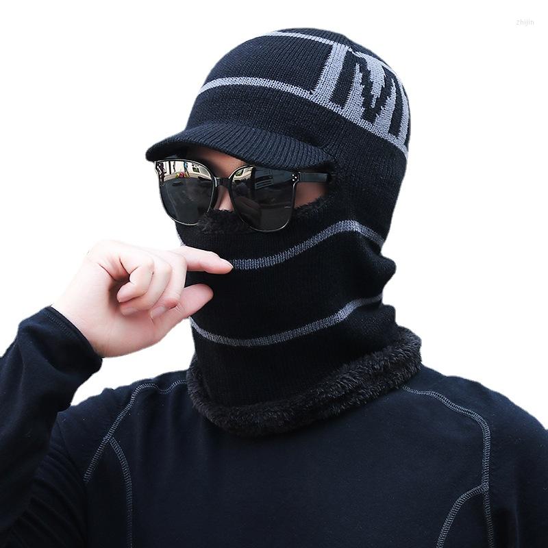 

Berets Men's Letter Visor Plush Balaclava Mask Winter Beanie Velvet Thicken Knitted Hats For Women Warm Scarf Windproof Bonnet Cap 2023, Black