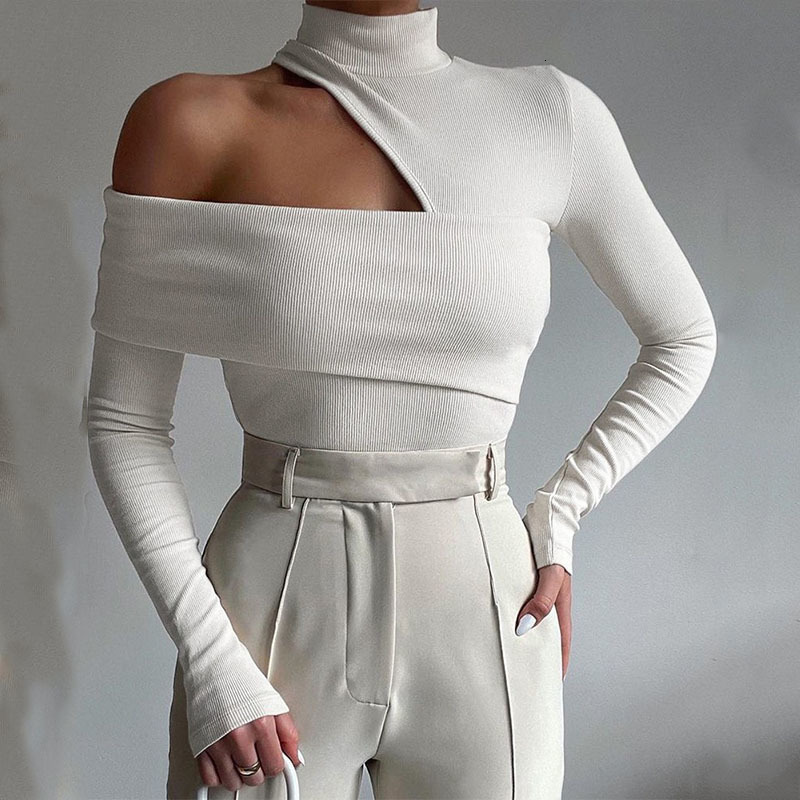 

Women' T-Shirt Knitted Turtleneck Long Sleeve Top Hollow Out White Sexy Club T Shirt Women Slim Skinny Tee Lady Party Body 230202, Black