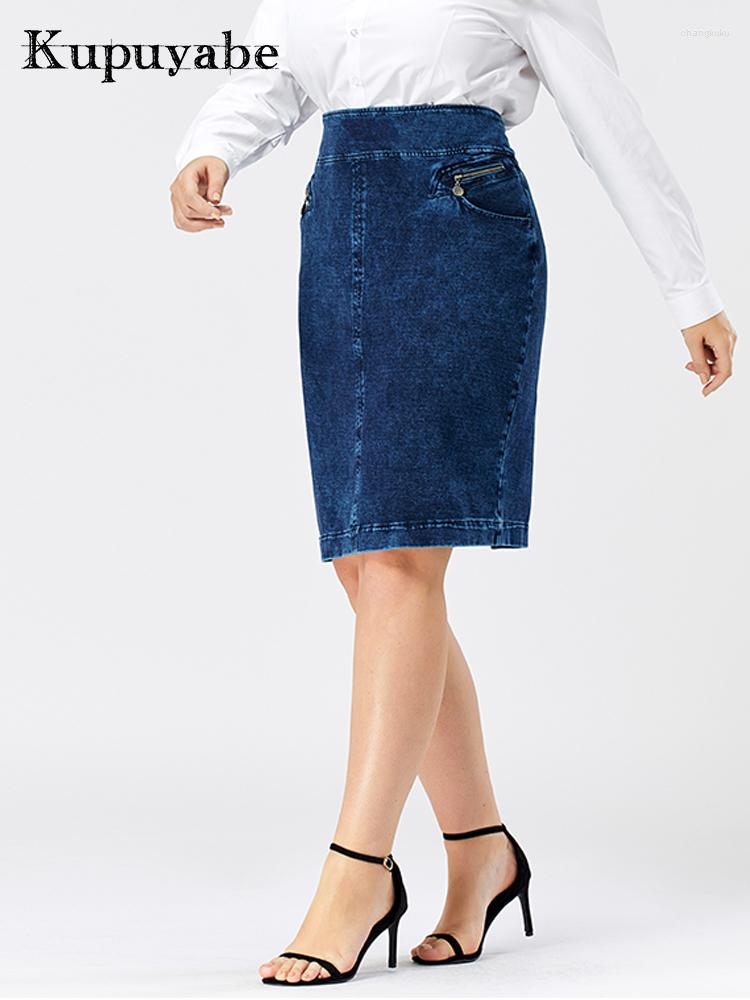 

Skirts KUPUYABE Women's Denim Skirt Spring Casual Cotton Knit Pocket Fashion, Blue