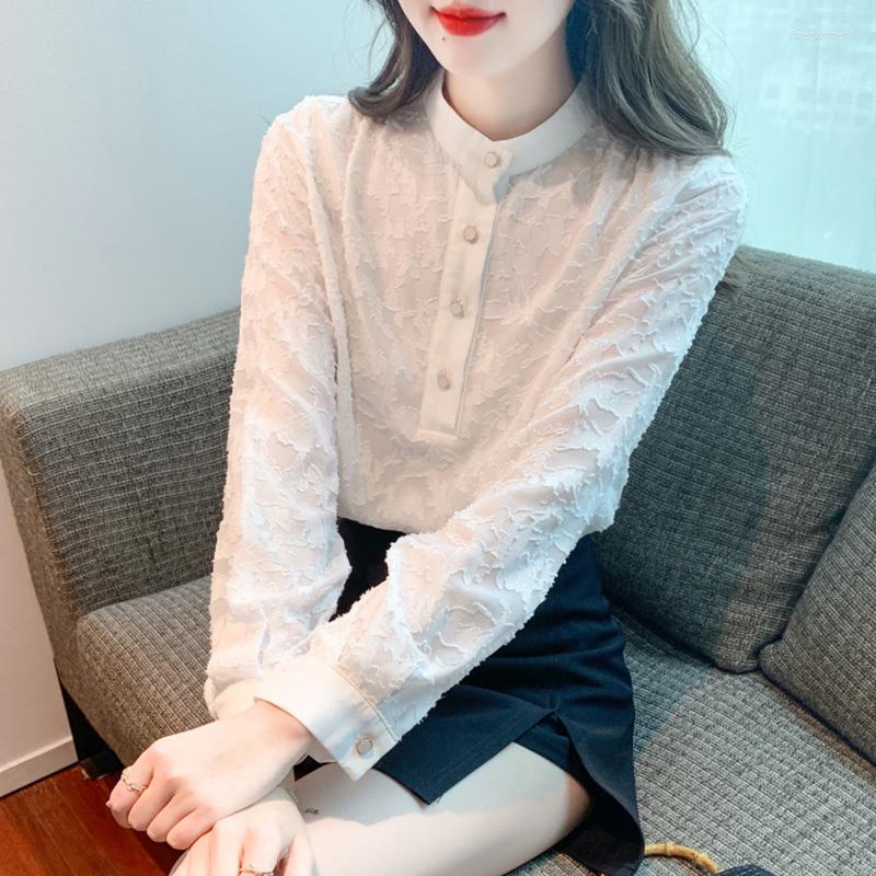 

Women' Blouses 2023 Spring French Stand Collar Chiffon Shirts Fashion Casual Solid Color Loose Clothes, White