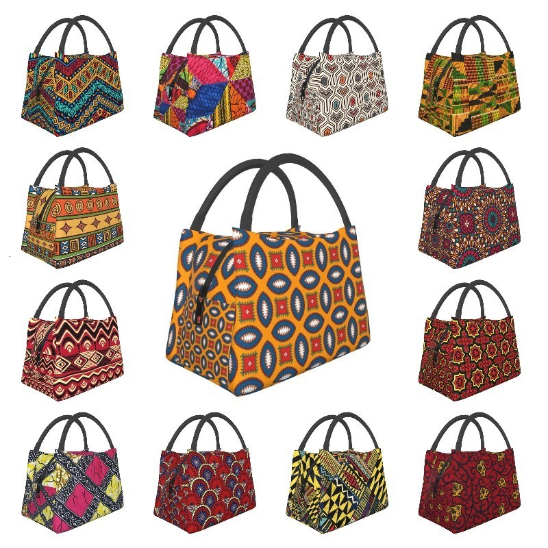 

Ice PacksIsothermic Bags Colorful African Ankara Pattern Thermal Insulated Lunch Women Geometric Container for Office Outdoor Meal Food Box 230203, 19