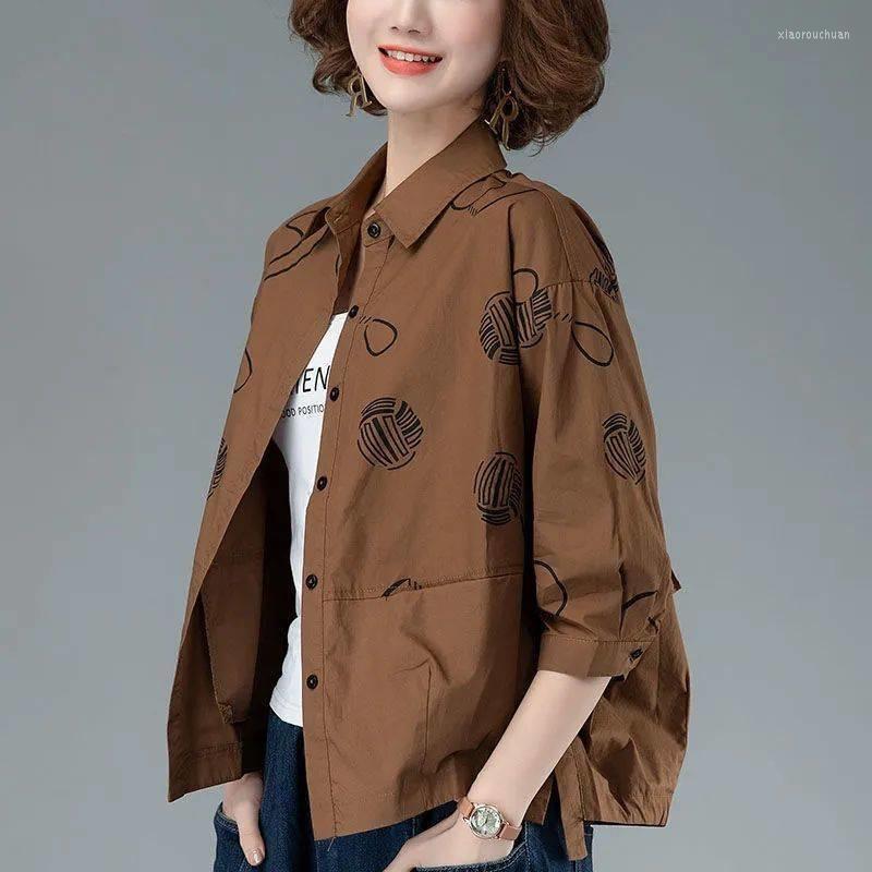 

Women's Blouses 2023 Spring And Autumn Short Women's Shirt Pure Cotton Thin Coat Three Quarter Sleeves Splicing Printing Korean Female, Black